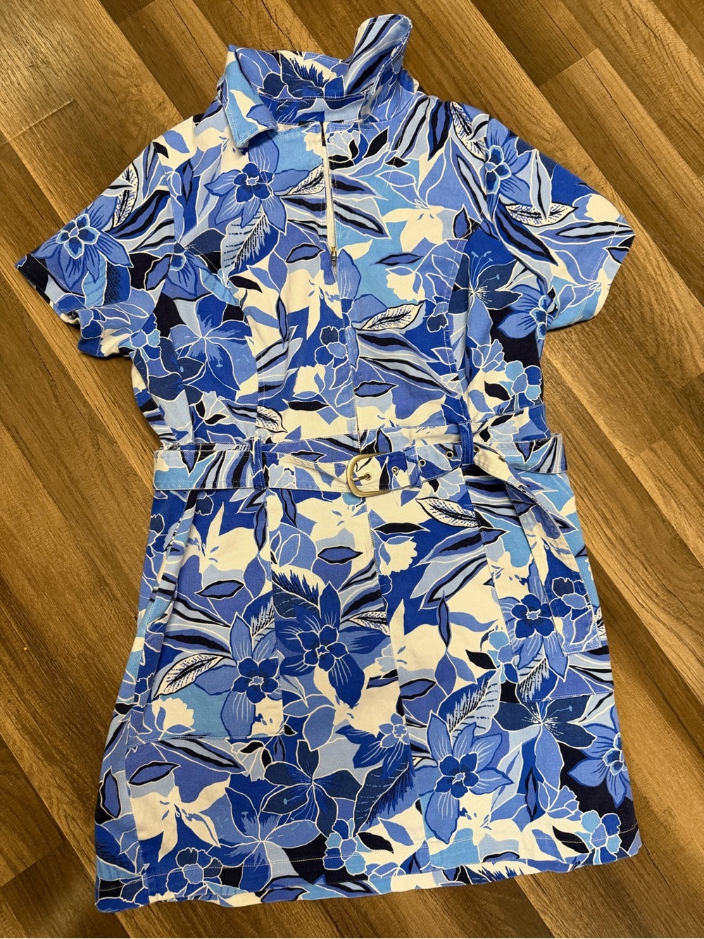 Skies Are Blue Curvy Blue Floral Belted Shirt Dress 1X